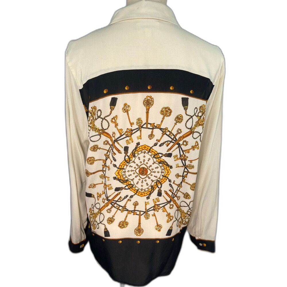 L'AGENCE Gio Silk Blouse L Cream Key Scarf Print Royal Tassel Quiet Luxury